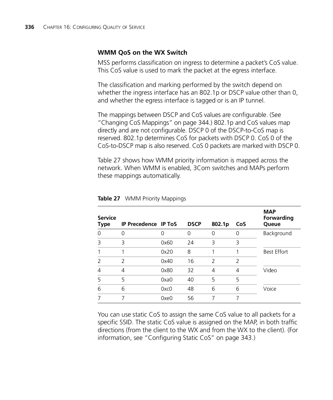 3Com WXR100 3CRWXR10095A manual WMM QoS on the WX Switch, WMM Priority Mappings, Service Forwarding Type, IP ToS 