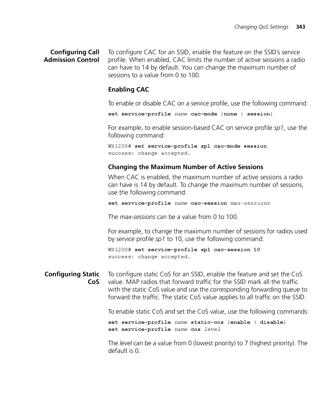 3Com WX2200 3CRWX220095A, WXR100 3CRWXR10095A manual Enabling CAC, Changing the Maximum Number of Active Sessions 