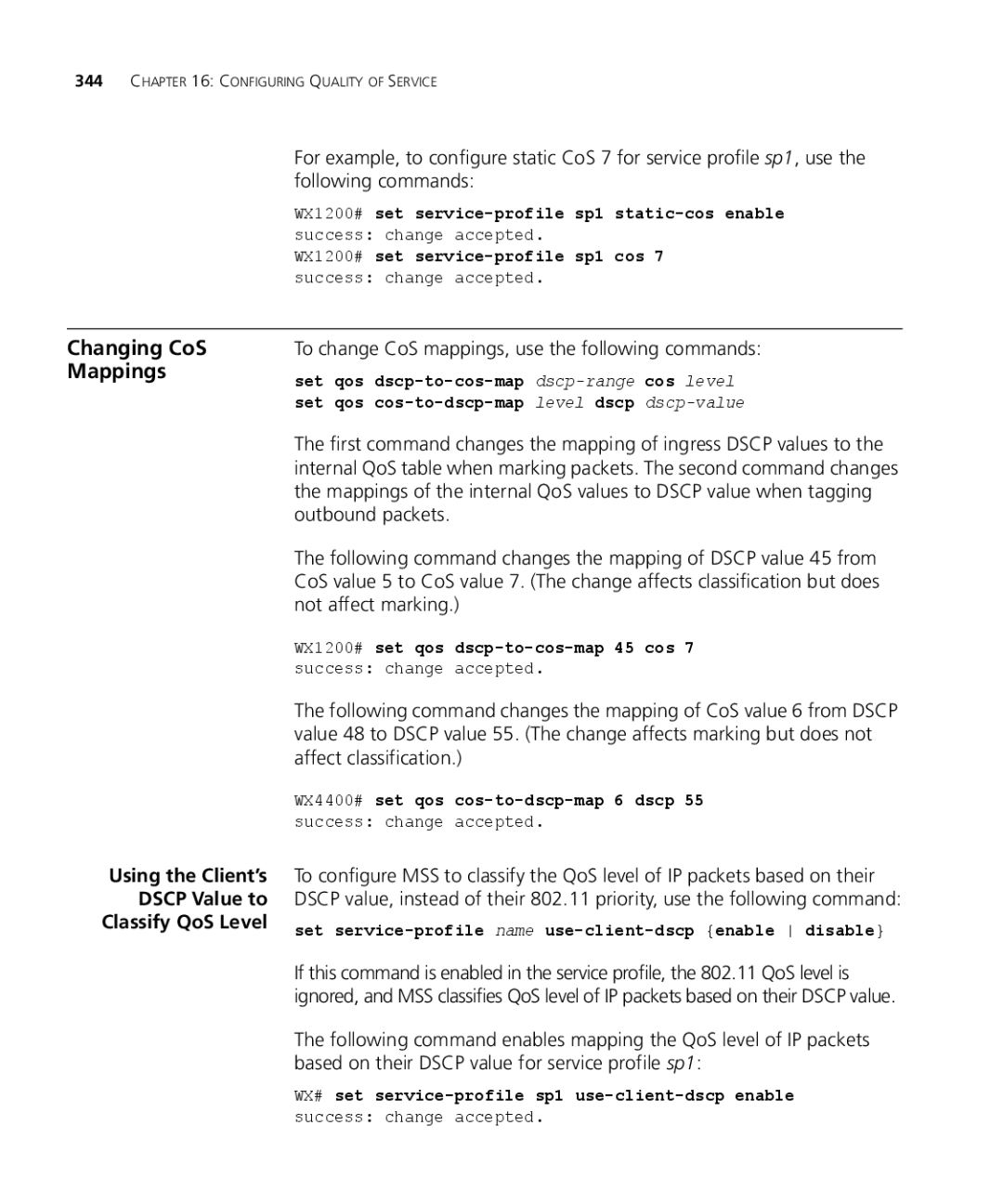 3Com WXR100 3CRWXR10095A, WX4400 3CRWX440095A Changing CoS Mappings, To change CoS mappings, use the following commands 