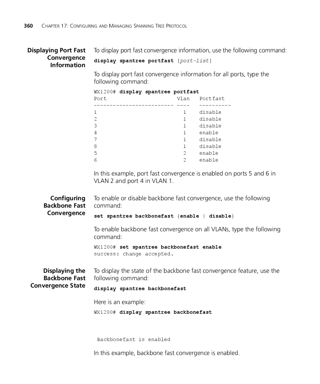 3Com WXR100 3CRWXR10095A manual Displaying Port Fast Convergence Information, Configuring Backbone Fast Convergence 