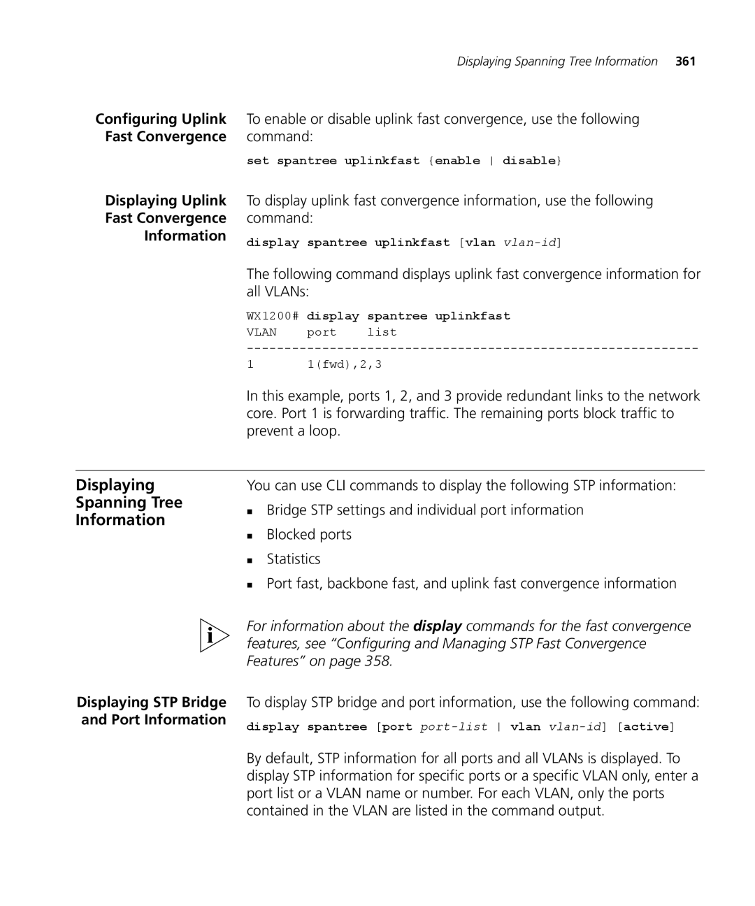 3Com WX4400 3CRWX440095A, WXR100 3CRWXR10095A, WX1200 3CRWX120695A Displaying Spanning Tree Information, Fast Convergence 