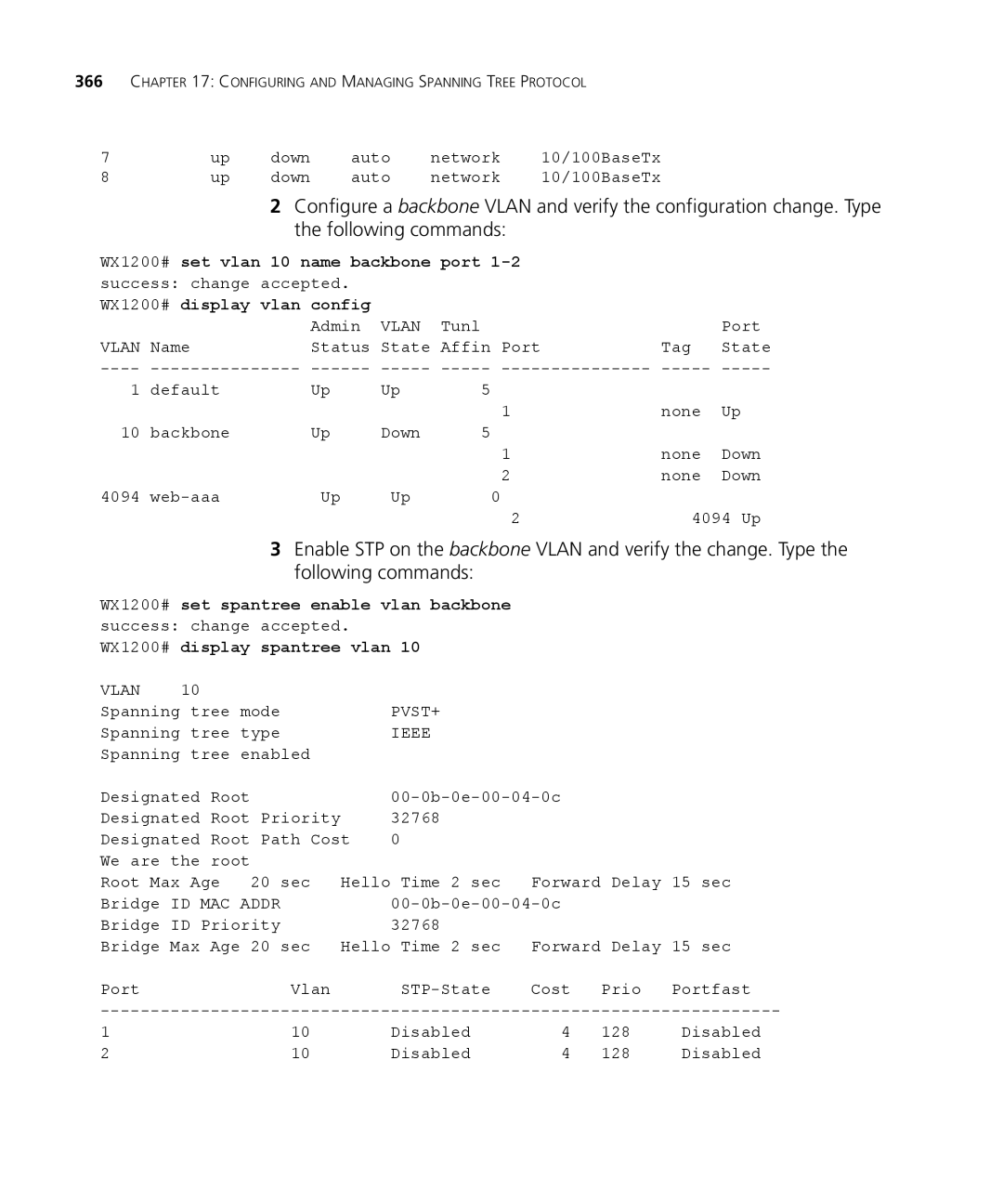 3Com WX1200 3CRWX120695A, WXR100 3CRWXR10095A manual WX1200# set vlan 10 name backbone port, WX1200# display vlan Config 