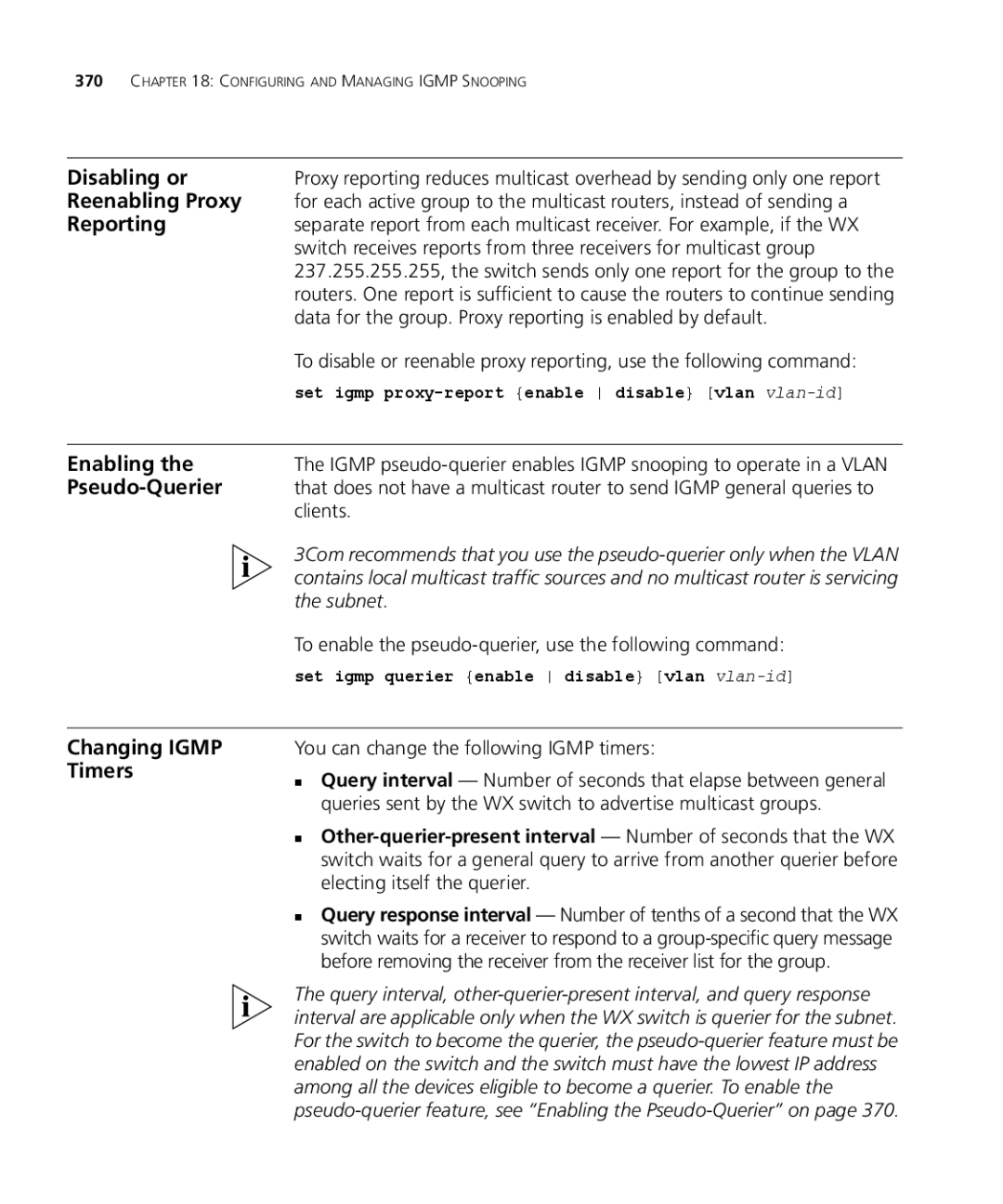 3Com WX1200 3CRWX120695A, WXR100 3CRWXR10095A manual Reenabling Proxy, Reporting, Pseudo-Querier, Changing Igmp Timers 