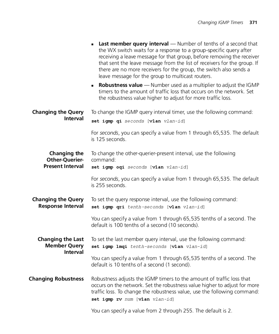 3Com WX2200 3CRWX220095A manual Changing Other-Querier Present Interval, Changing the Last Member Query Interval 