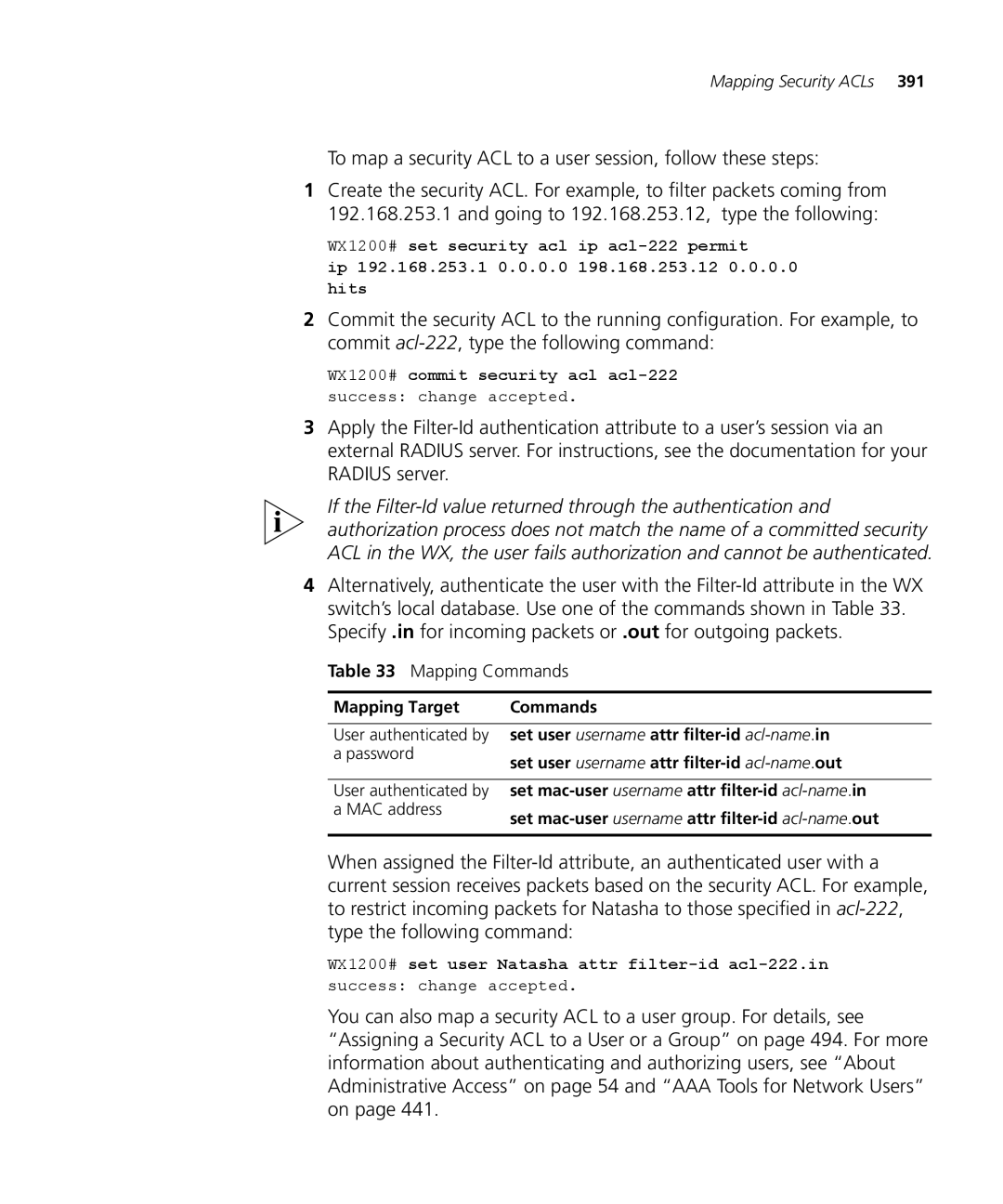 3Com WX2200 3CRWX220095A, WXR100 3CRWXR10095A manual To map a security ACL to a user session, follow these steps 