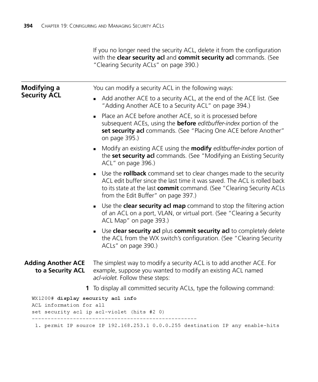 3Com WX1200 3CRWX120695A manual Modifying a Security ACL, WX1200# display security acl info ACL information for all 