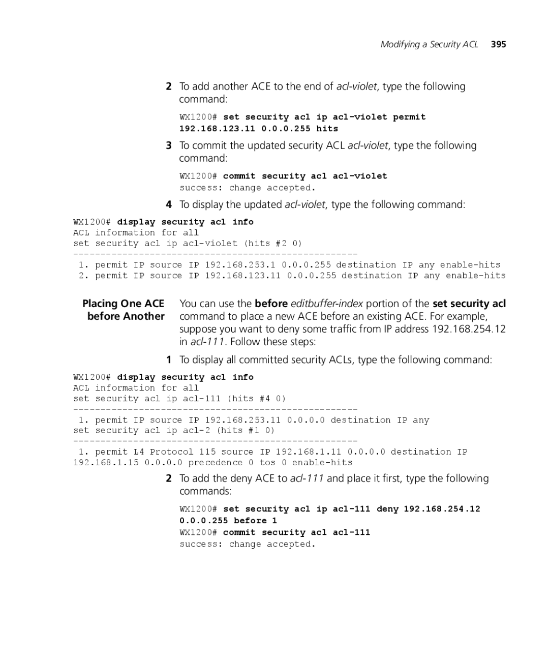 3Com WX2200 3CRWX220095A, WXR100 3CRWXR10095A, WX4400 3CRWX440095A, WX1200 3CRWX120695A manual Modifying a Security ACL 