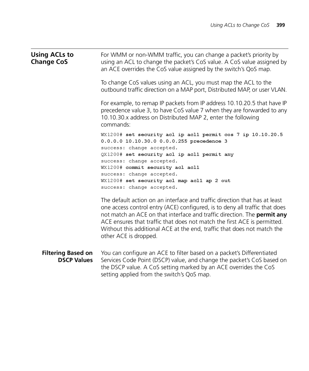 3Com WX2200 3CRWX220095A, WXR100 3CRWXR10095A manual Using ACLs to, Change CoS, Filtering Based on, Dscp Values 