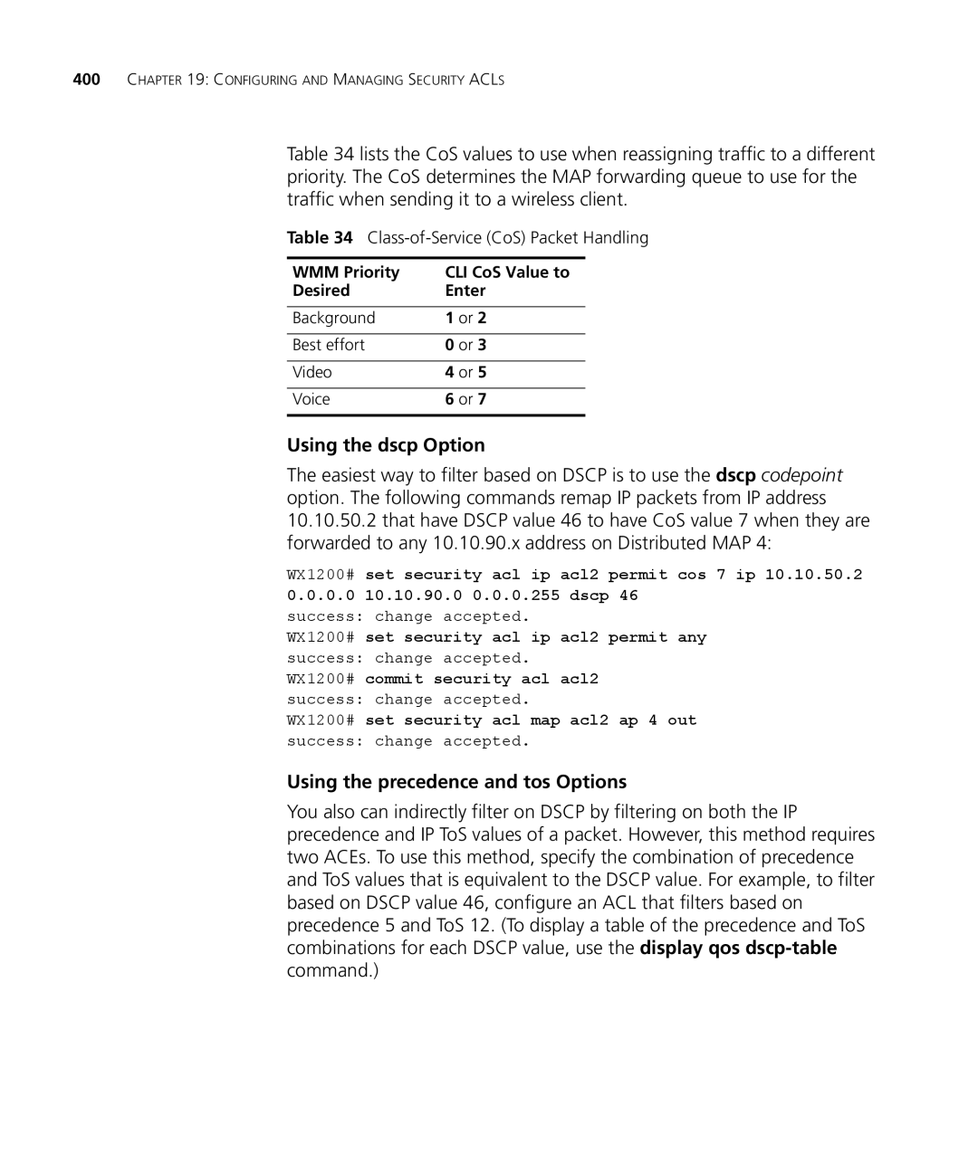 3Com WXR100 3CRWXR10095A, WX4400 3CRWX440095A manual Using the dscp Option, Using the precedence and tos Options 