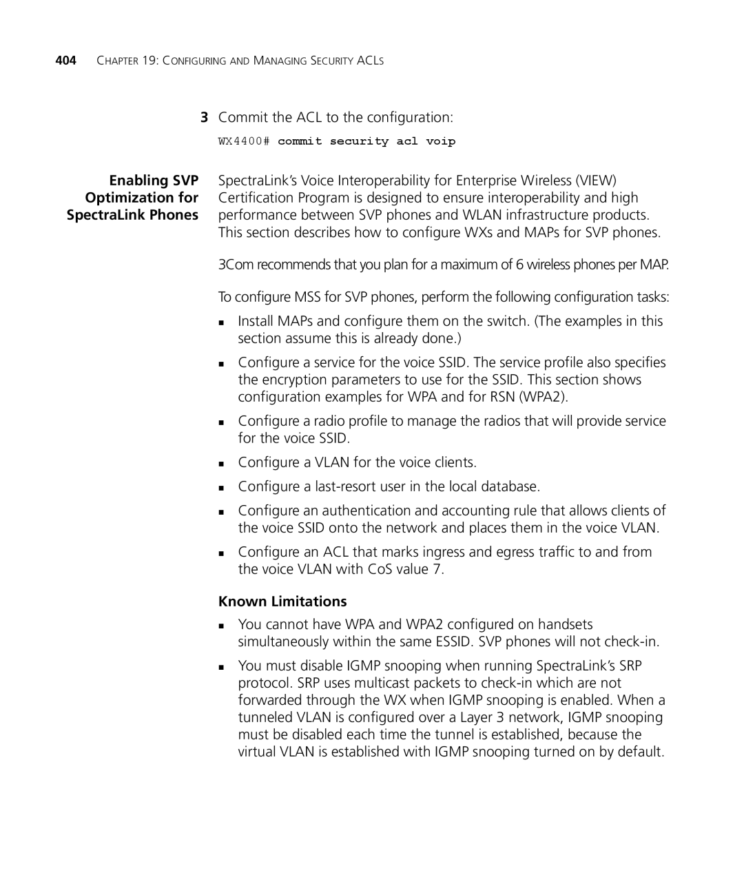 3Com WXR100 3CRWXR10095A manual Commit the ACL to the configuration, Known Limitations, WX4400# commit security acl voip 