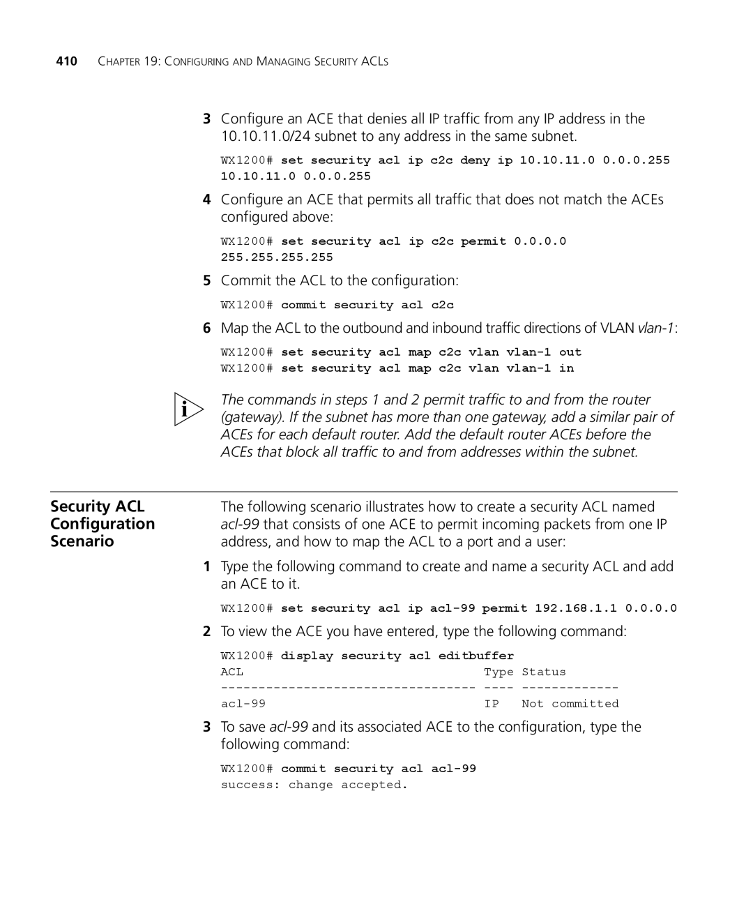 3Com WX1200 3CRWX120695A manual Address, and how to map the ACL to a port and a user, WX1200# commit security acl c2c 