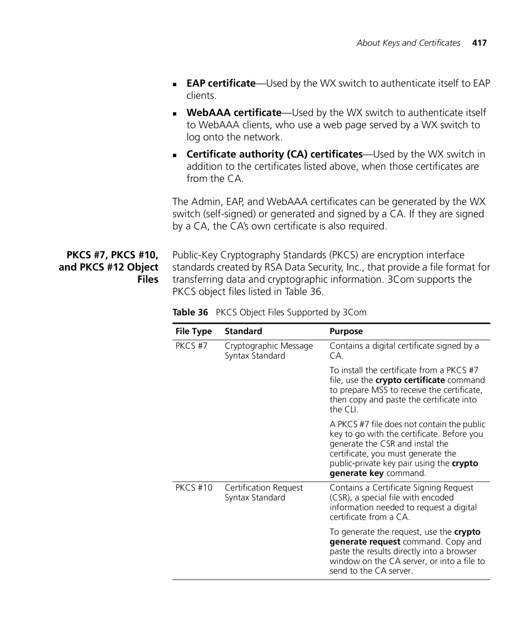 3Com WX4400 3CRWX440095A manual Pkcs Object Files Supported by 3Com, File Type Standard Purpose, Generate key command 