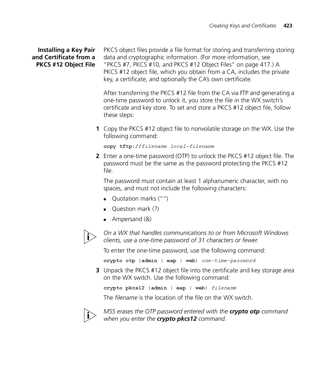 3Com WX2200 3CRWX220095A To enter the one-time password, use the following command, Crypto pkcs12 admin eap web filename 