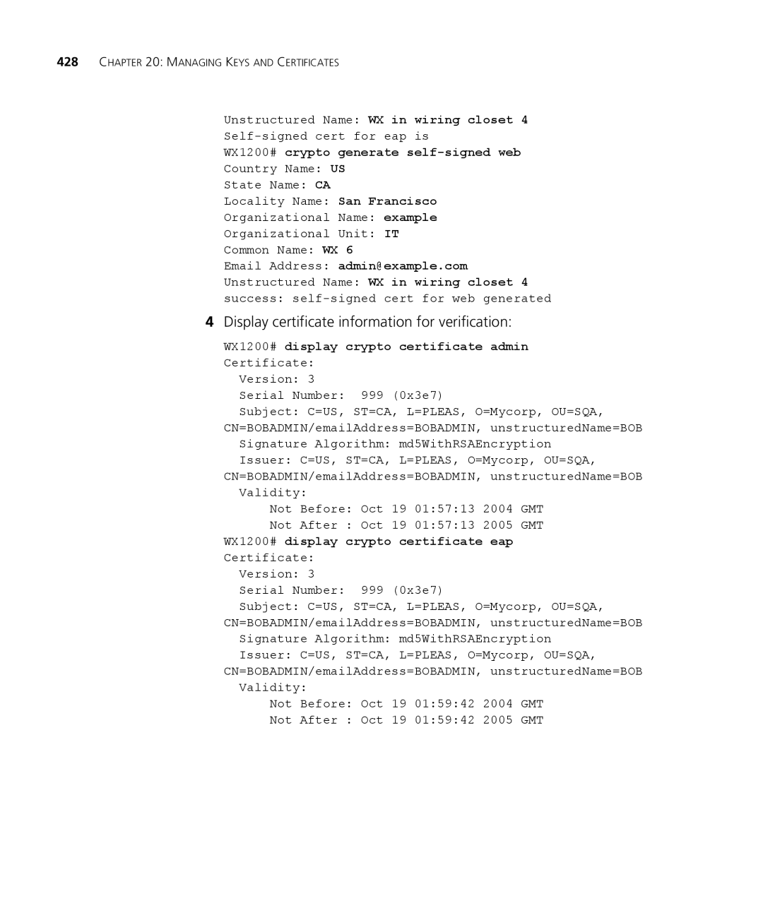 3Com WXR100 3CRWXR10095A manual Display certificate information for verification, WX1200# crypto generate self-signed web 