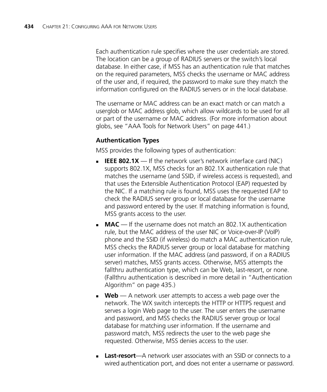 3Com WX1200 3CRWX120695A, WXR100 3CRWXR10095A Authentication Types, MSS provides the following types of authentication 