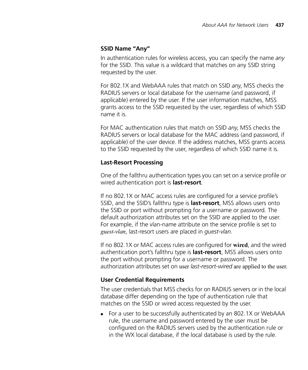 3Com WX4400 3CRWX440095A, WXR100 3CRWXR10095A manual Ssid Name Any, Last-Resort Processing, User Credential Requirements 