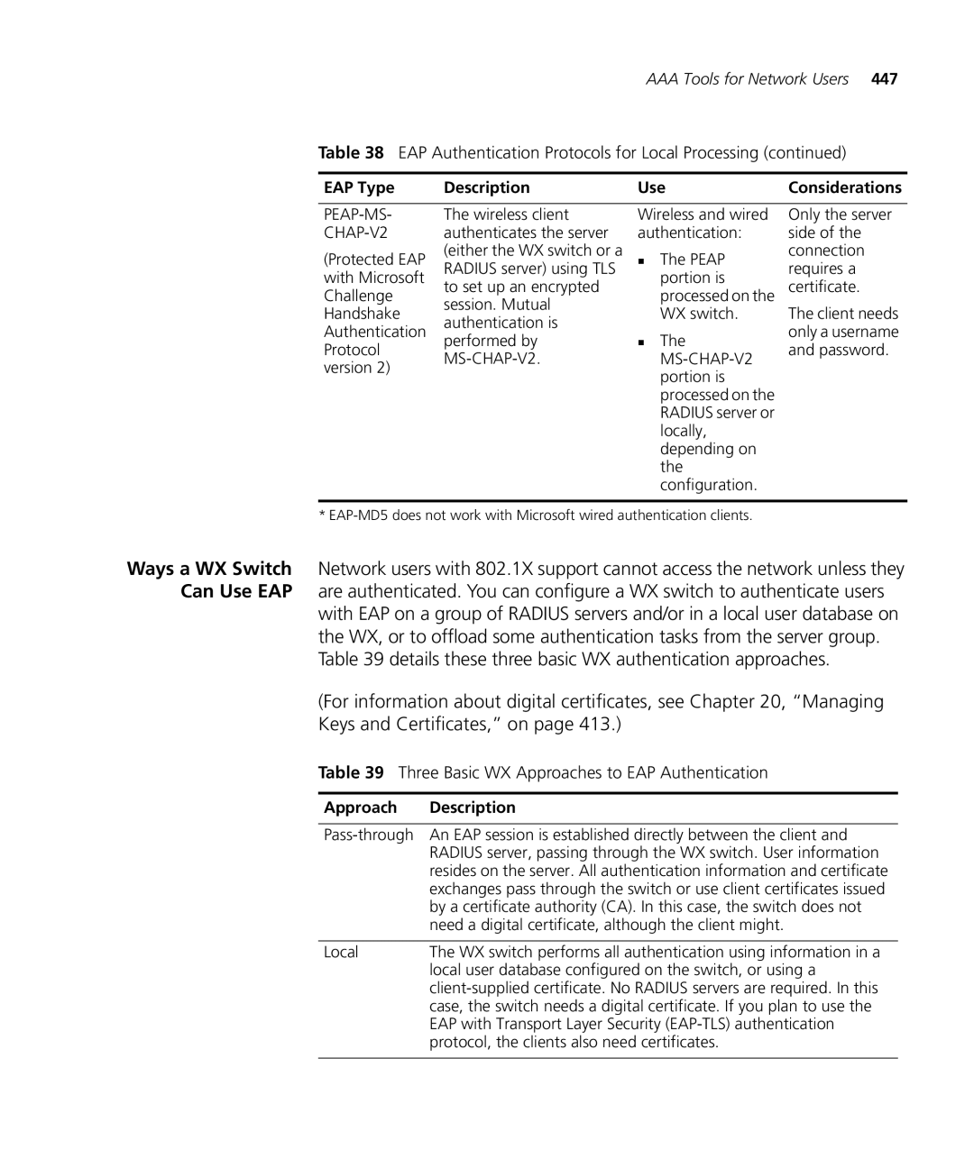 3Com WX2200 3CRWX220095A, WXR100 3CRWXR10095A manual Three Basic WX Approaches to EAP Authentication, Approach Description 