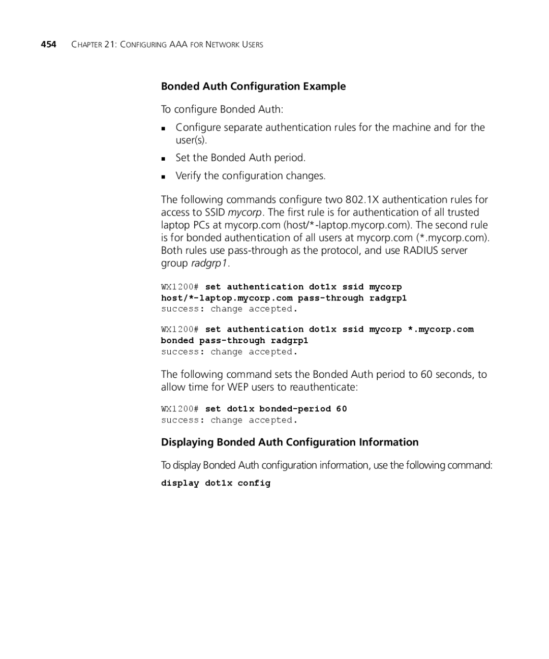 3Com WX1200 3CRWX120695A manual Bonded Auth Configuration Example, Displaying Bonded Auth Configuration Information 