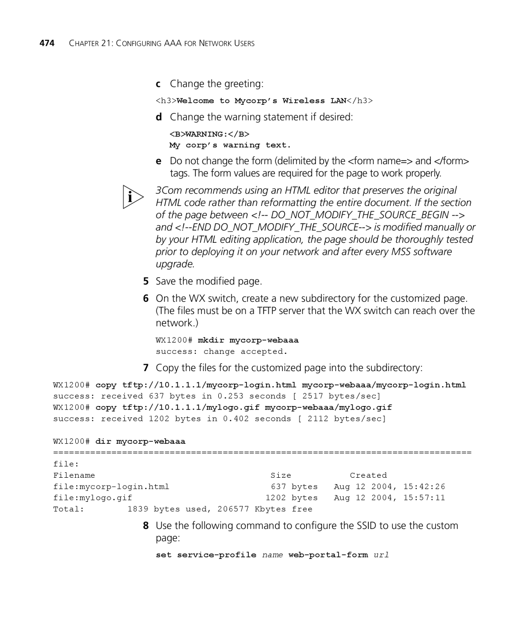 3Com WX1200 3CRWX120695A, WXR100 3CRWXR10095A manual Change the greeting, Change the warning statement if desired 