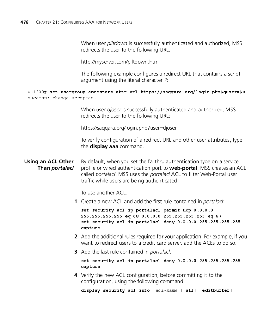 3Com WXR100 3CRWXR10095A manual Add the last rule contained in portalacl, Display security acl info acl-nameall editbuffer 