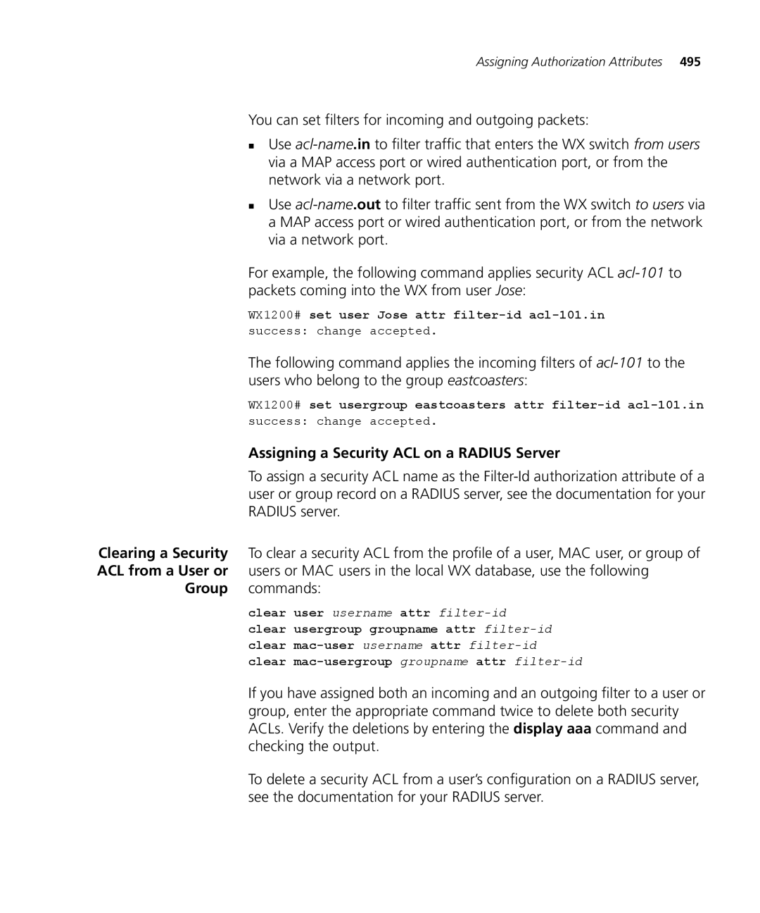 3Com WX2200 3CRWX220095A, WXR100 3CRWXR10095A, WX4400 3CRWX440095A manual Assigning a Security ACL on a Radius Server 