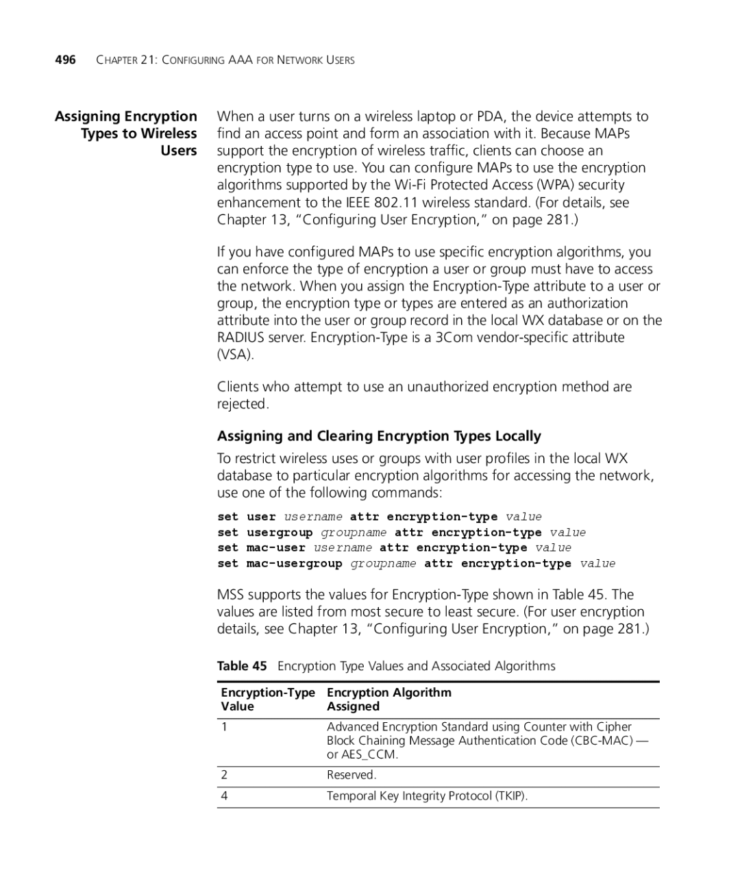 3Com WXR100 3CRWXR10095A, WX4400 3CRWX440095A, WX1200 3CRWX120695A manual Assigning and Clearing Encryption Types Locally 