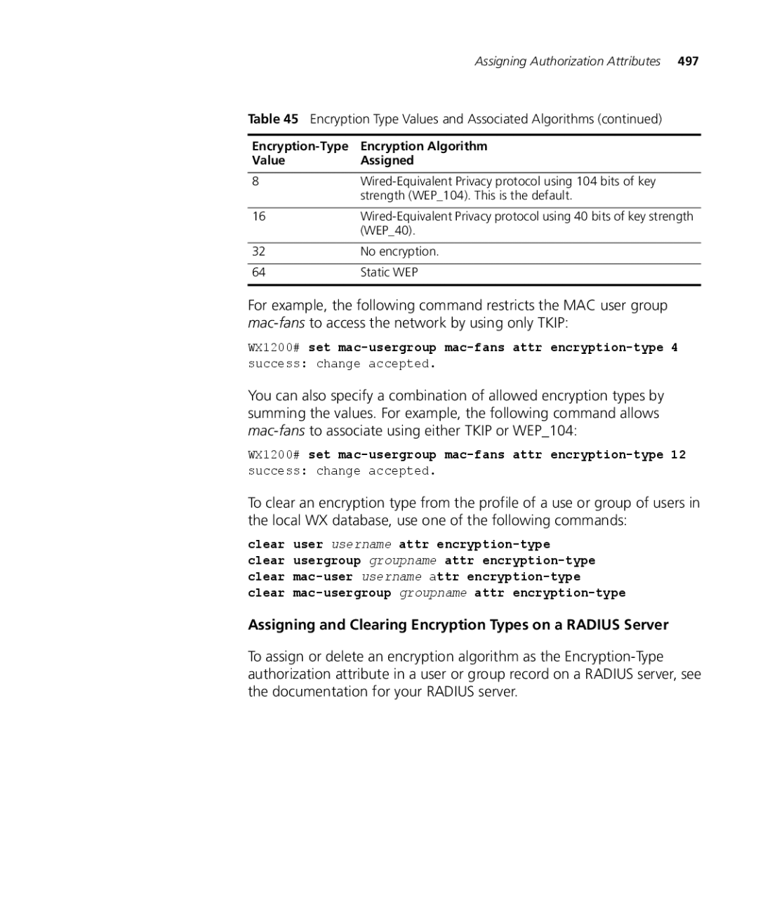 3Com WX4400 3CRWX440095A, WXR100 3CRWXR10095A manual Assigning and Clearing Encryption Types on a Radius Server 