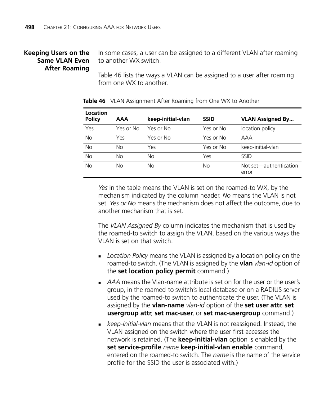 3Com WX1200 3CRWX120695A manual Vlan Assignment After Roaming from One WX to Another, Location Policy, Vlan Assigned By 