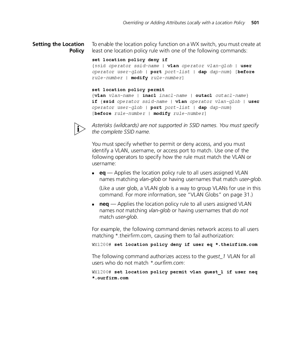 3Com WX4400 3CRWX440095A, WXR100 3CRWXR10095A, WX1200 3CRWX120695A Set location policy deny if, Set location policy permit 