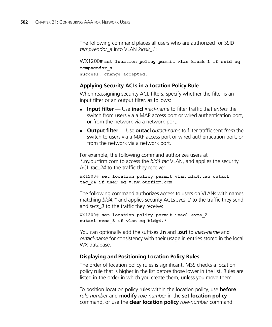 3Com WX1200 3CRWX120695A, WXR100 3CRWXR10095A, WX4400 3CRWX440095A manual Applying Security ACLs in a Location Policy Rule 