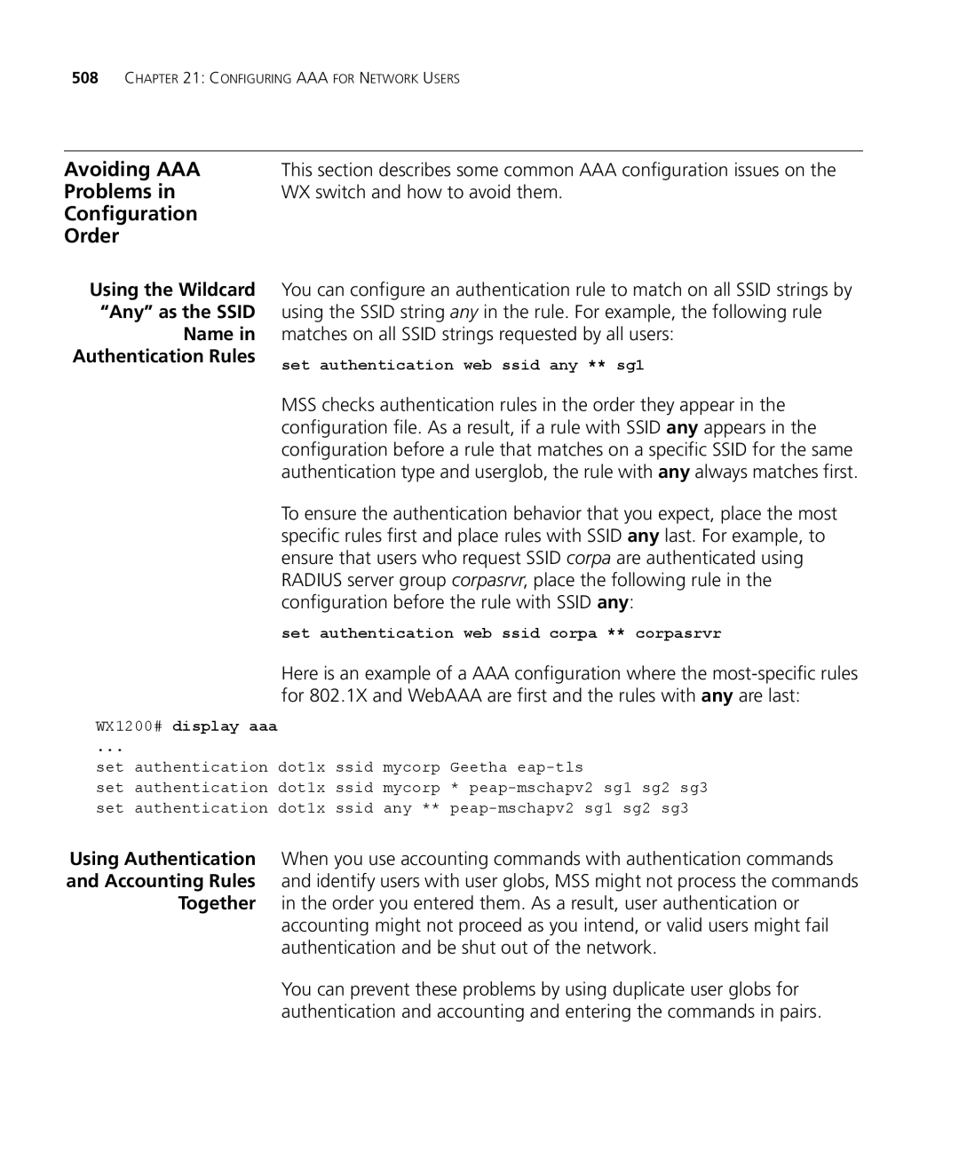 3Com WXR100 3CRWXR10095A, WX4400 3CRWX440095A Avoiding AAA, Problems, Configuration Order, WX switch and how to avoid them 