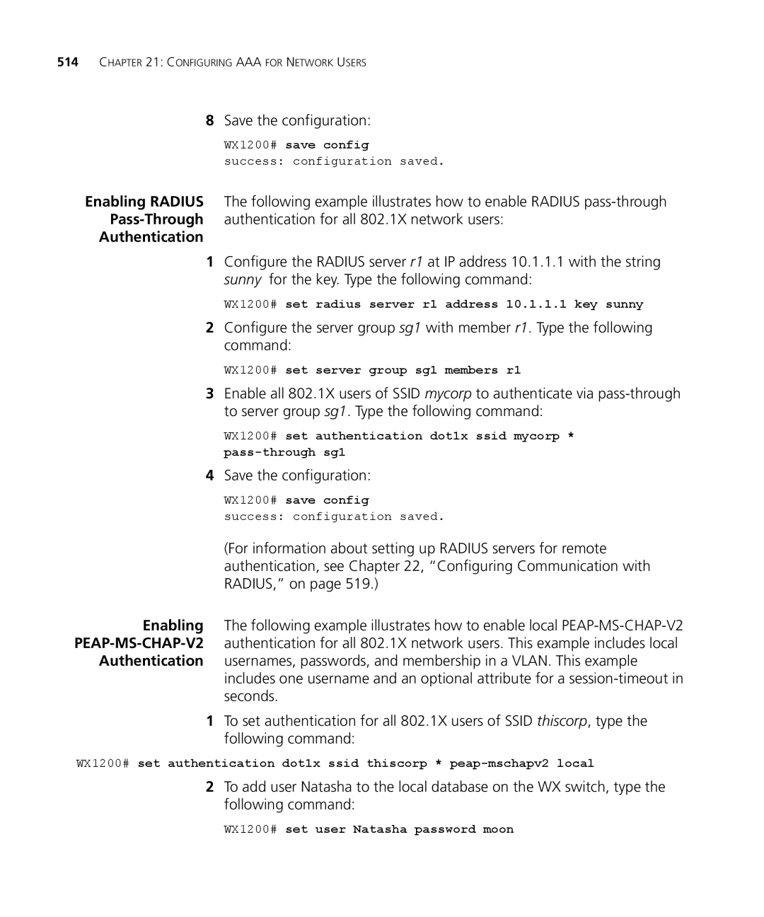 3Com WX1200 3CRWX120695A manual Save the configuration, WX1200# set radius server r1 address 10.1.1.1 key sunny 