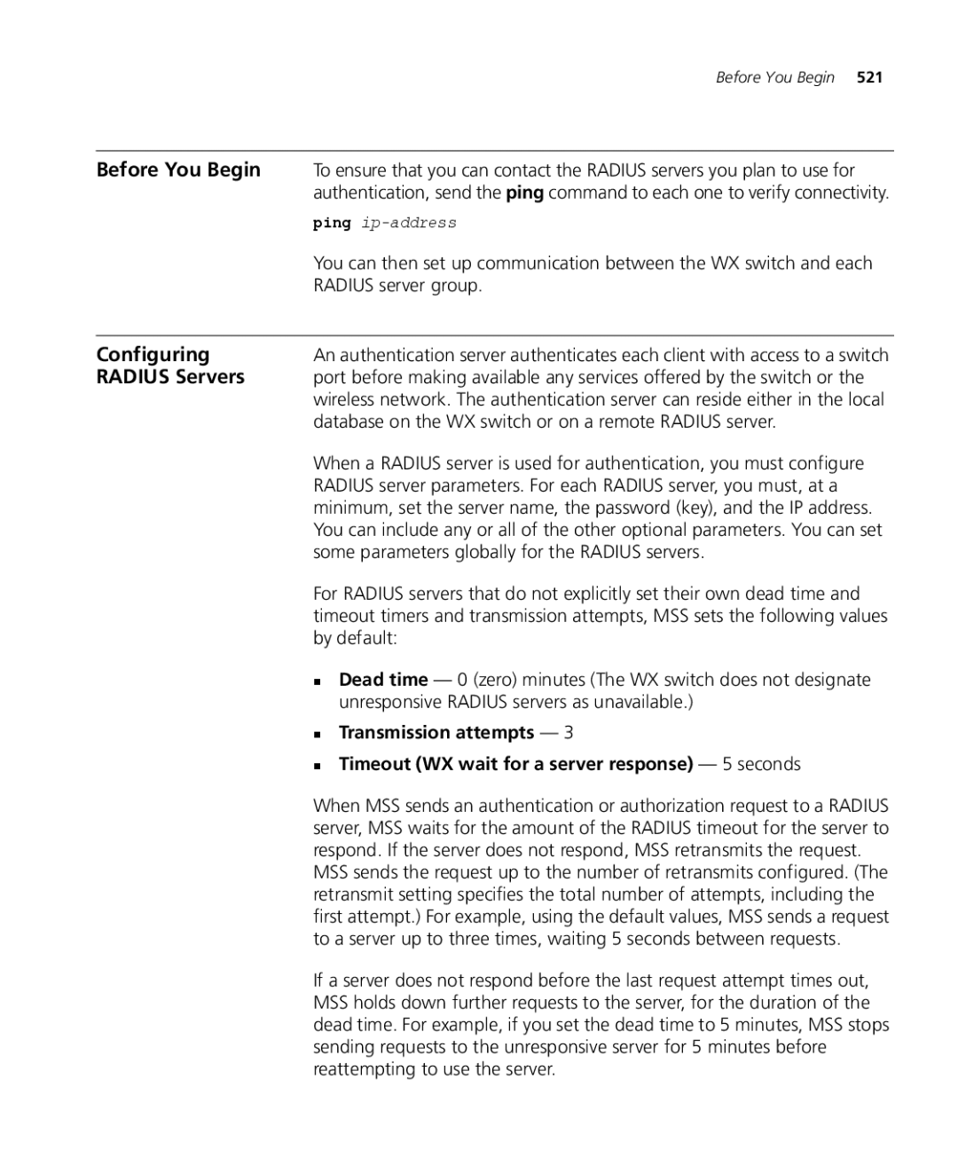 3Com WX4400 3CRWX440095A, WXR100 3CRWXR10095A manual Before You Begin, Radius Servers, „ Transmission attempts 