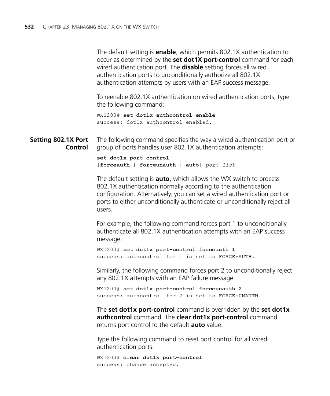 3Com WXR100 3CRWXR10095A, WX4400 3CRWX440095A manual Set dot1x port-control Forceauth forceunauth auto port-list 