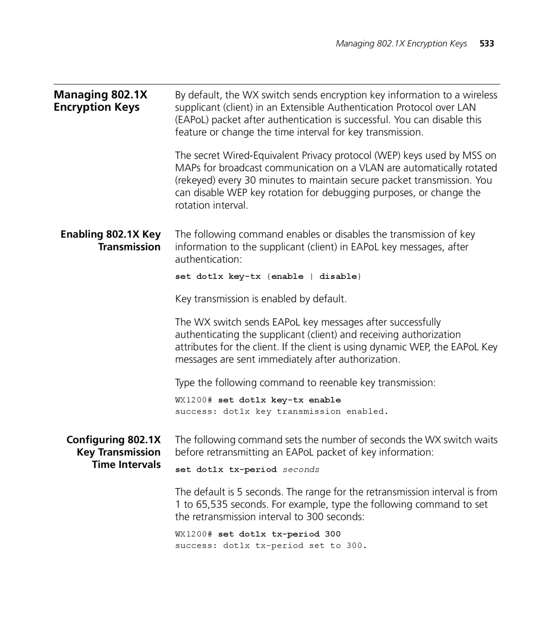 3Com WX4400 3CRWX440095A Authentication, Configuring Key Transmission Time Intervals, Set dot1x key-tx enable disable 