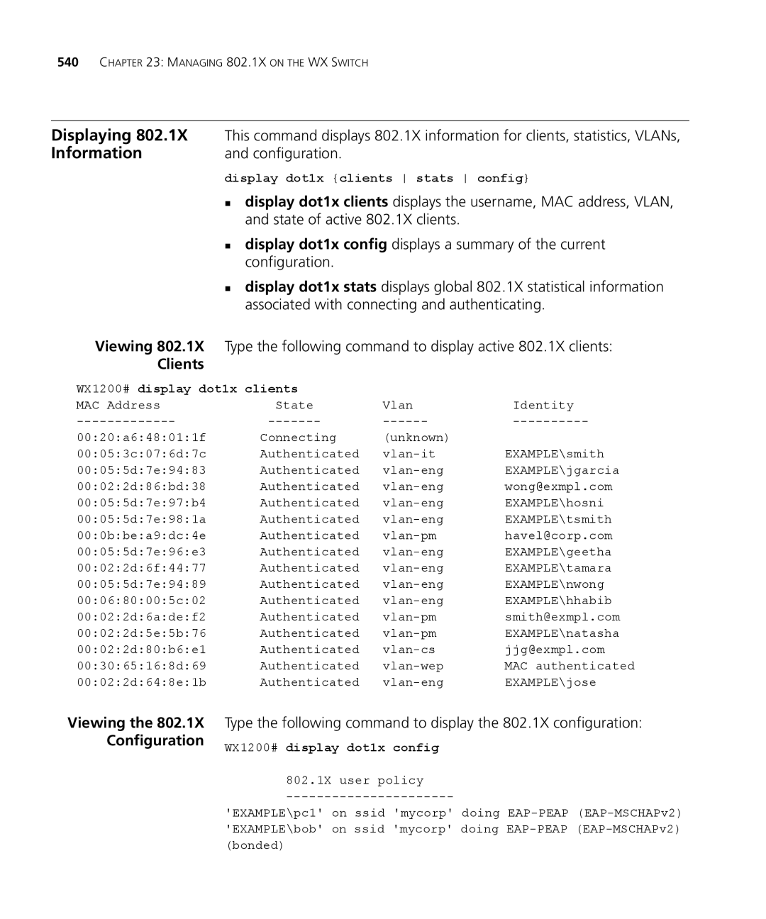 3Com WXR100 3CRWXR10095A manual Configuration, Display dot1x clients stats config, WX1200# display dot1x clients 