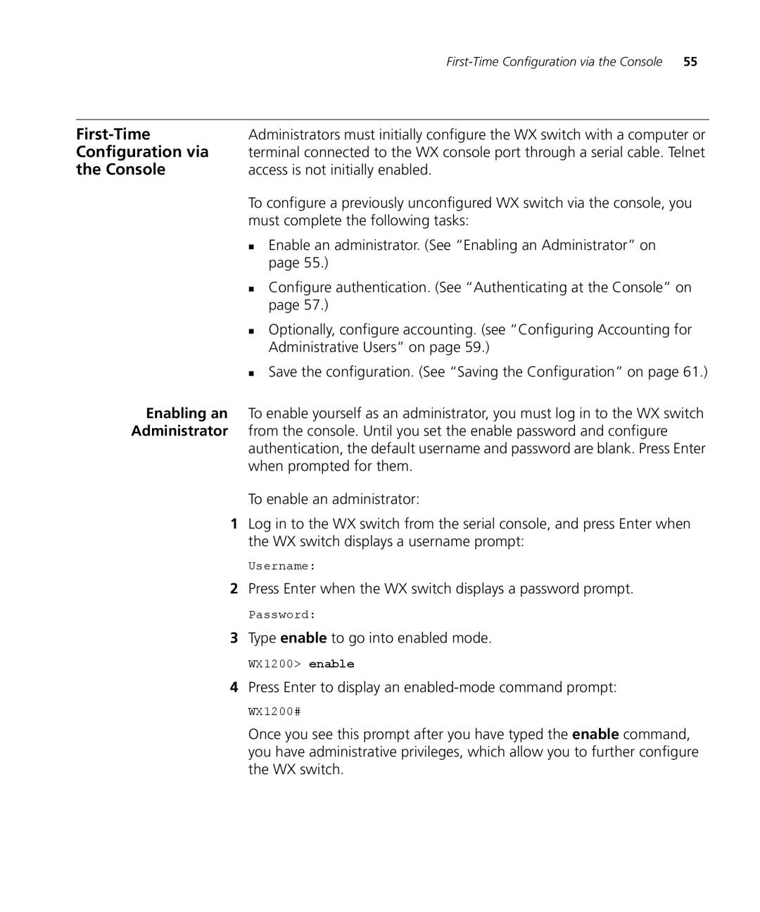 3Com WX2200 3CRWX220095A, WXR100 3CRWXR10095A manual First-Time, Configuration via, Console, Enabling an, Administrator 