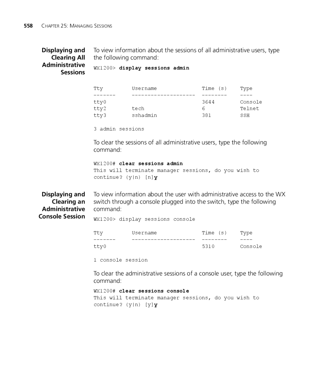 3Com WX1200 3CRWX120695A manual Displaying Clearing All Administrative Sessions, WX1200 display sessions admin 