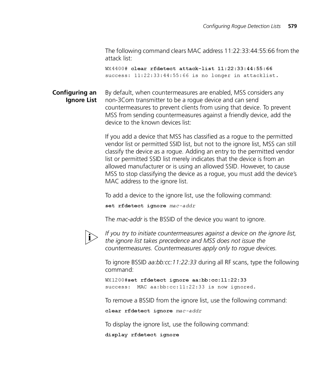 3Com WX2200 3CRWX220095A manual Mac-addris the Bssid of the device you want to ignore, Set rfdetect ignore mac-addr 