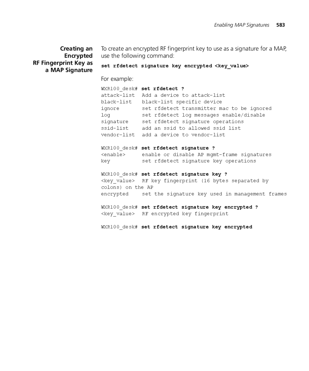 3Com WX2200 3CRWX220095A manual Creating an Encrypted RF Fingerprint Key as MAP Signature, WXR100desk# set rfdetect ? 