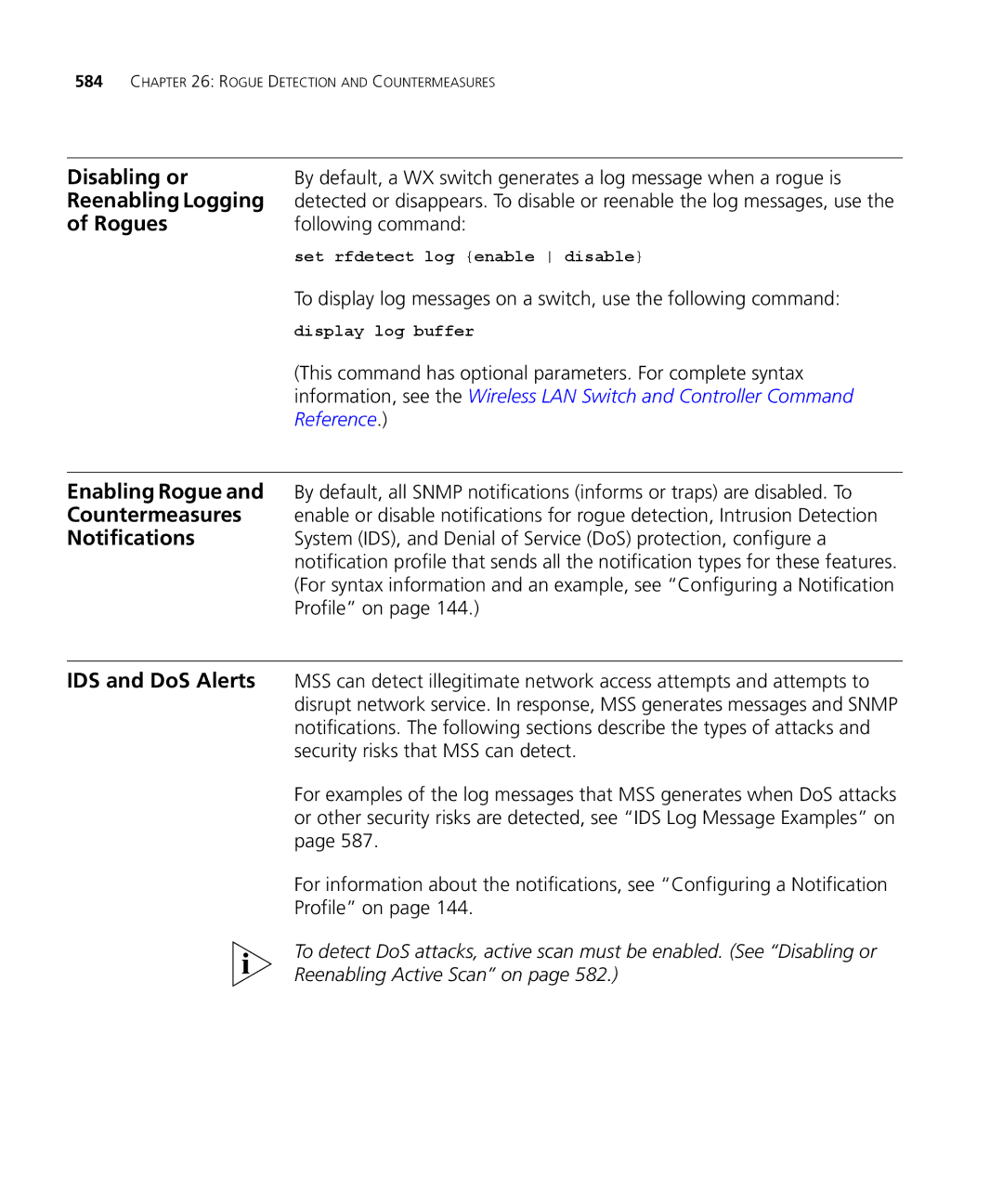 3Com WXR100 3CRWXR10095A manual Reenabling Logging, Rogues, Enabling Rogue, Notifications, IDS and DoS Alerts 