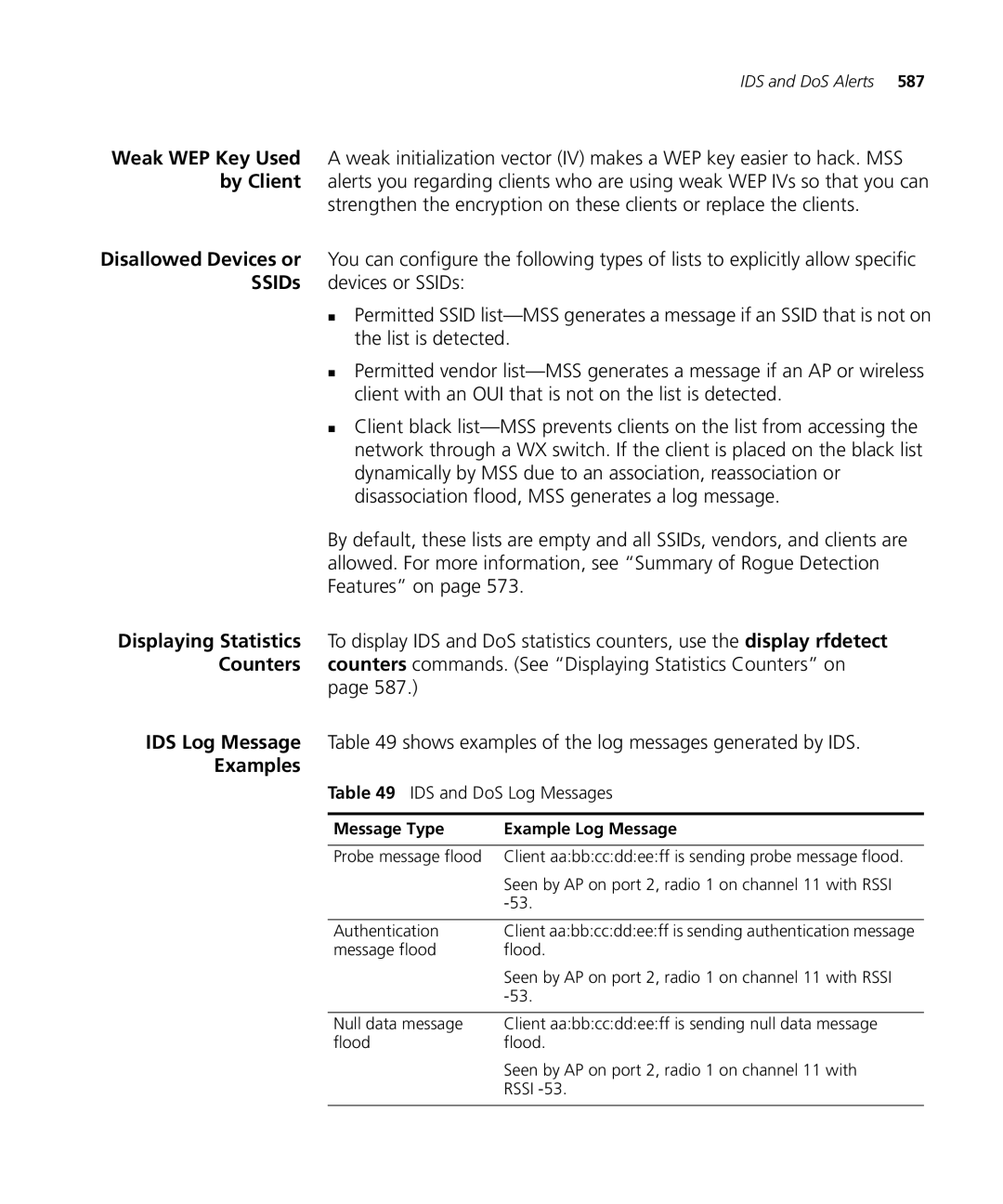 3Com WX2200 3CRWX220095A, WXR100 3CRWXR10095A manual Examples, IDS and DoS Log Messages, Message Type Example Log Message 