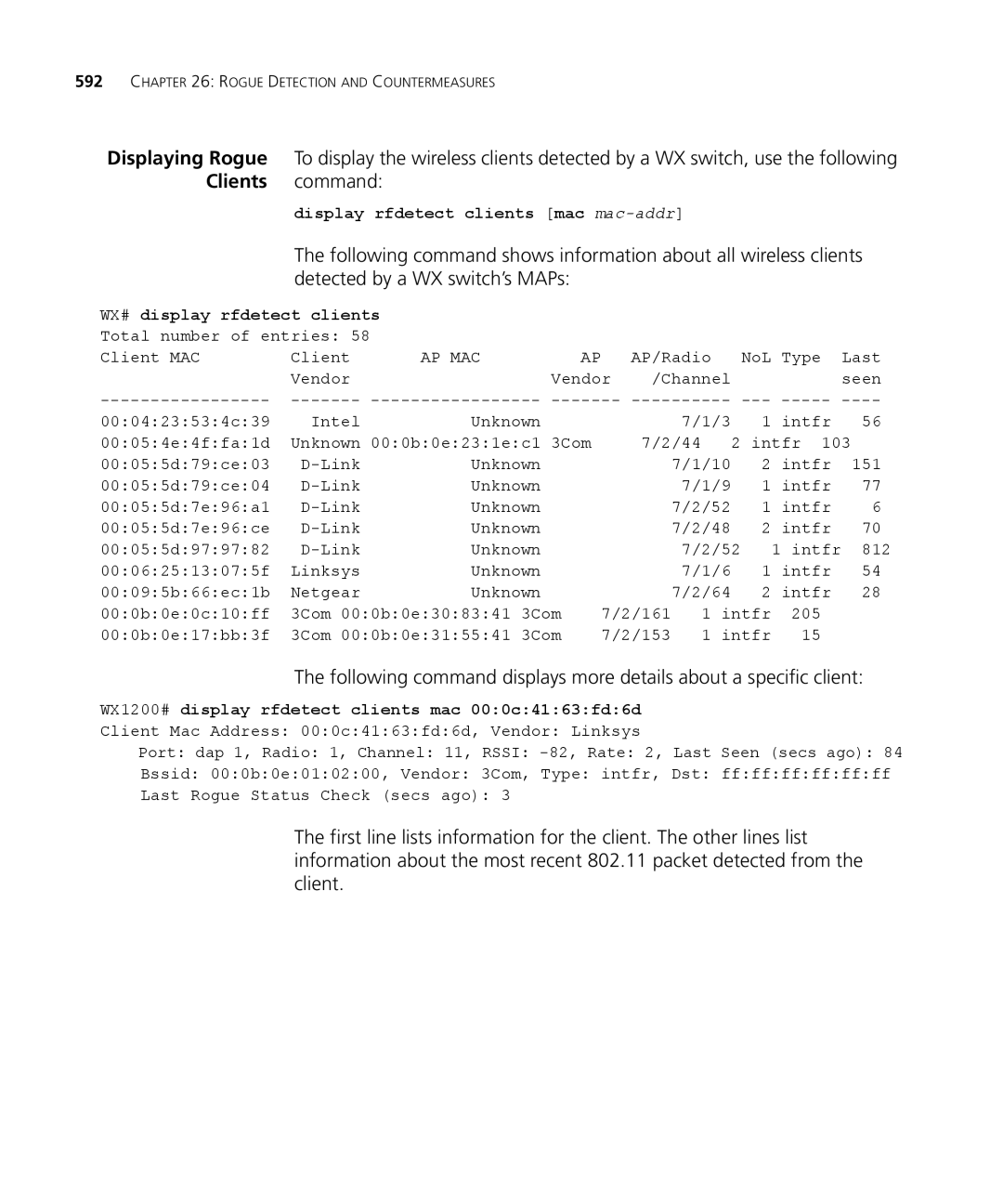 3Com WXR100 3CRWXR10095A, WX4400 3CRWX440095A manual Display rfdetect clients mac mac-addr, WX# display rfdetect clients 