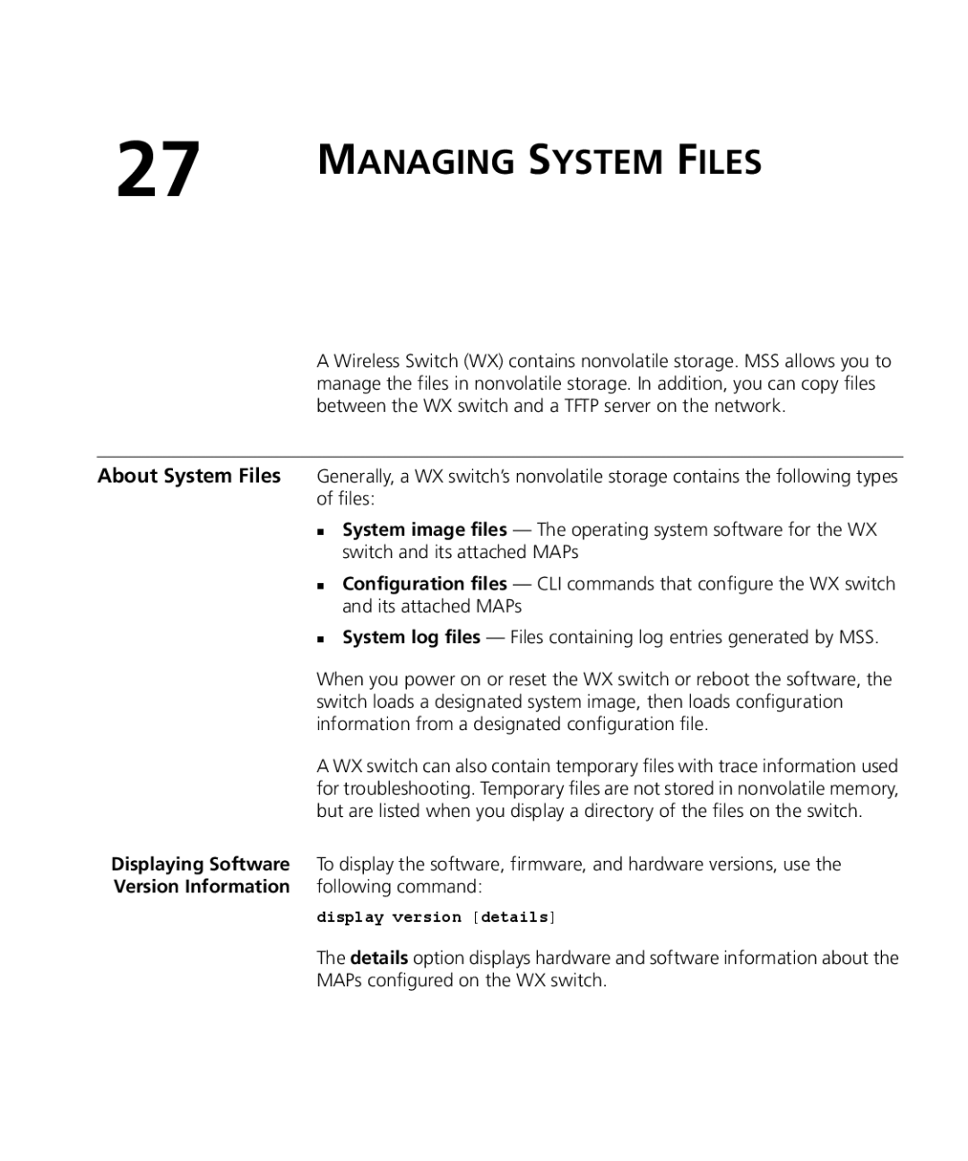 3Com WX2200 3CRWX220095A, WXR100 3CRWXR10095A manual About System Files, Displaying Software, Version Information 