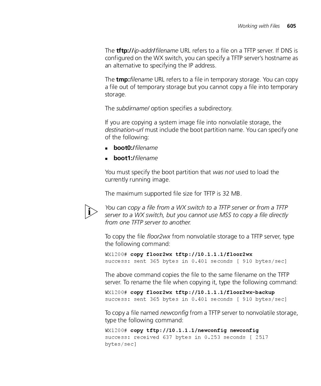 3Com WX4400 3CRWX440095A manual „ boot0/filename „ boot1/filename, WX1200# copy floor2wx tftp//10.1.1.1/floor2wx 