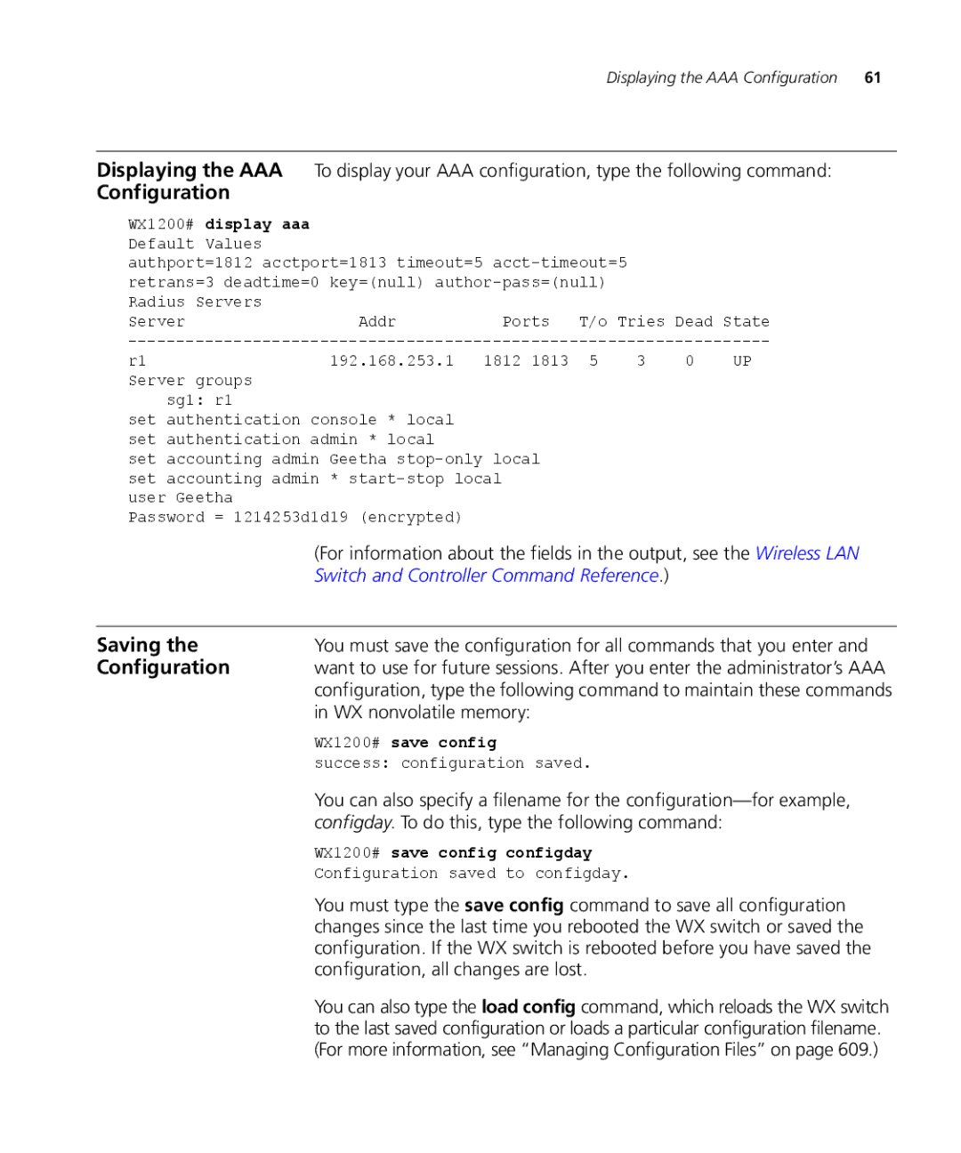 3Com WX4400 3CRWX440095A manual Displaying the AAA, Saving, WX nonvolatile memory, Configuration, all changes are lost 