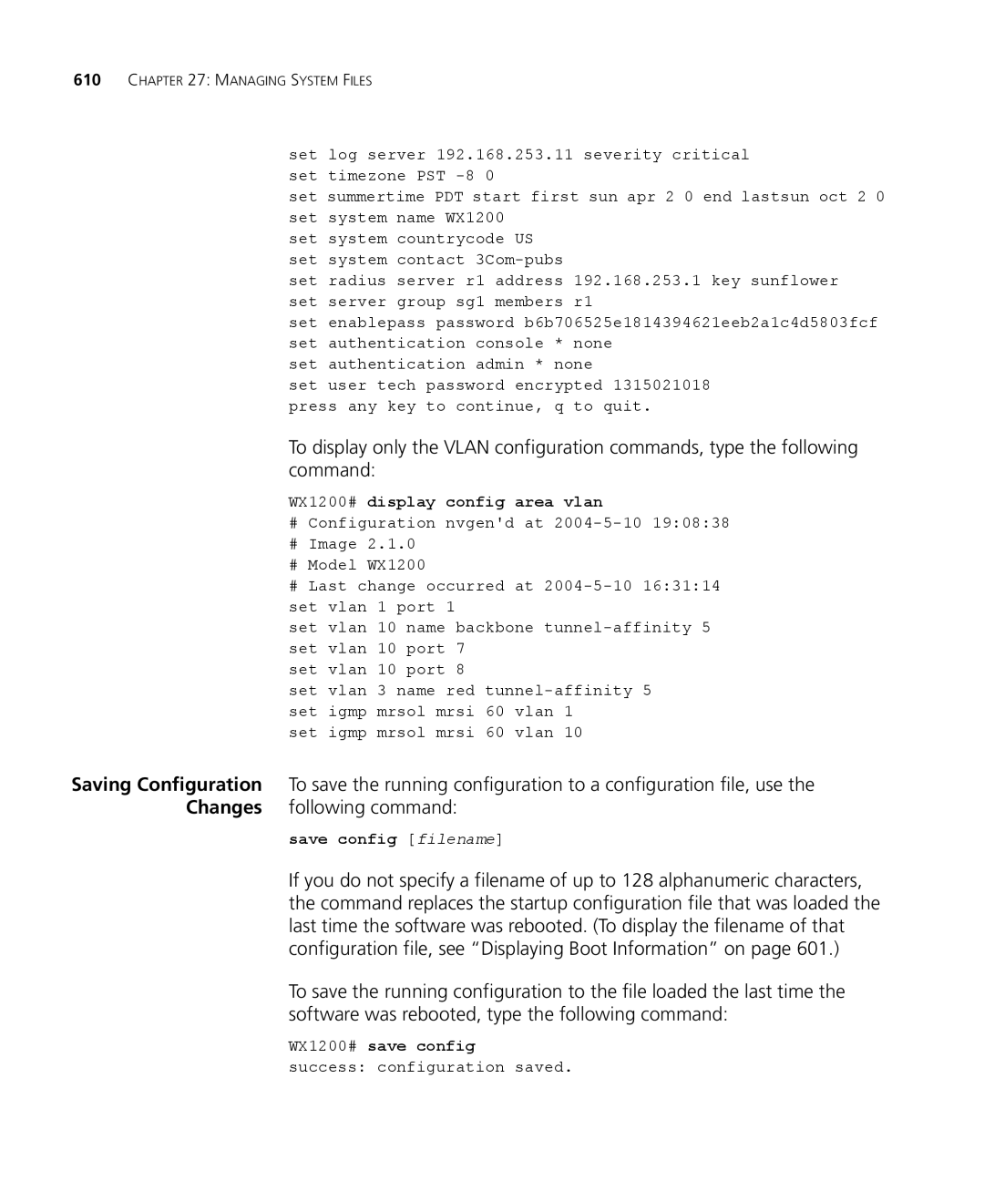 3Com WX1200 3CRWX120695A, WXR100 3CRWXR10095A, WX4400 3CRWX440095A WX1200# display config area vlan, Save config filename 