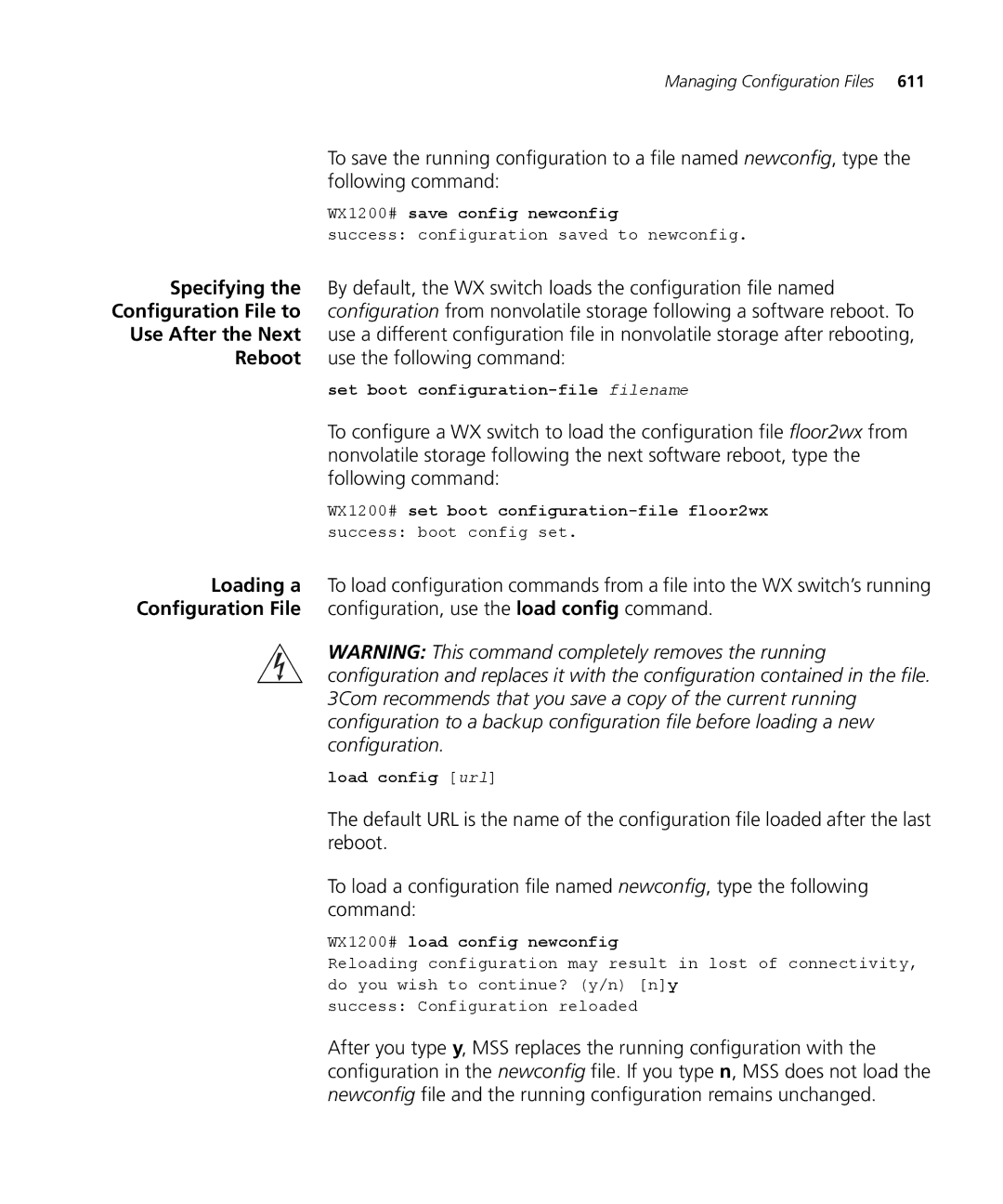 3Com WX2200 3CRWX220095A manual WX1200# save config newconfig, Set boot configuration-file filename, Load config url 