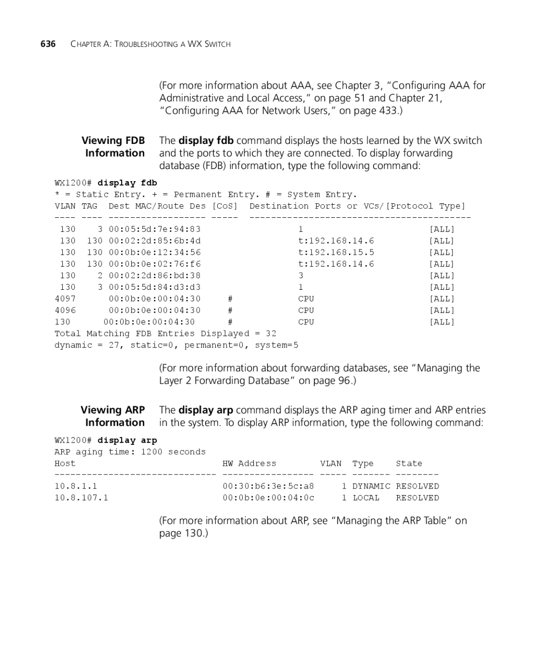 3Com WXR100 3CRWXR10095A, WX4400 3CRWX440095A Database FDB information, type the following command, WX1200# display fdb 