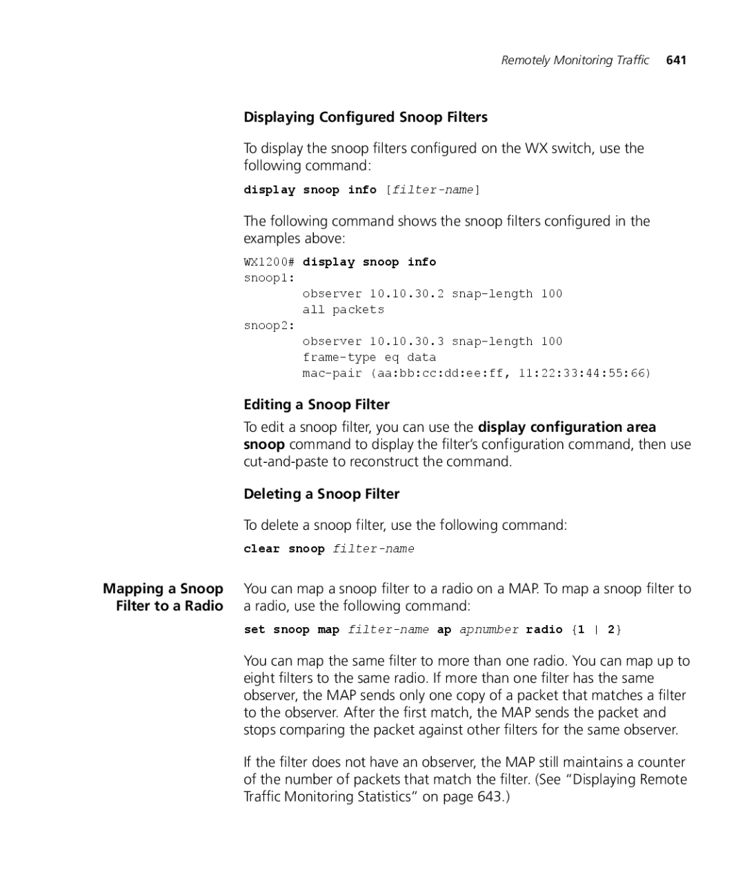 3Com WX4400 3CRWX440095A manual Displaying Configured Snoop Filters, Editing a Snoop Filter, Deleting a Snoop Filter 